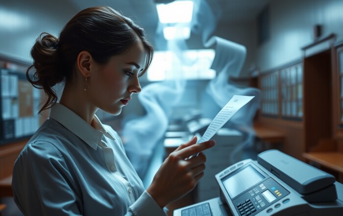 Educational institution administrator scanning student records into a secure digital document management system.