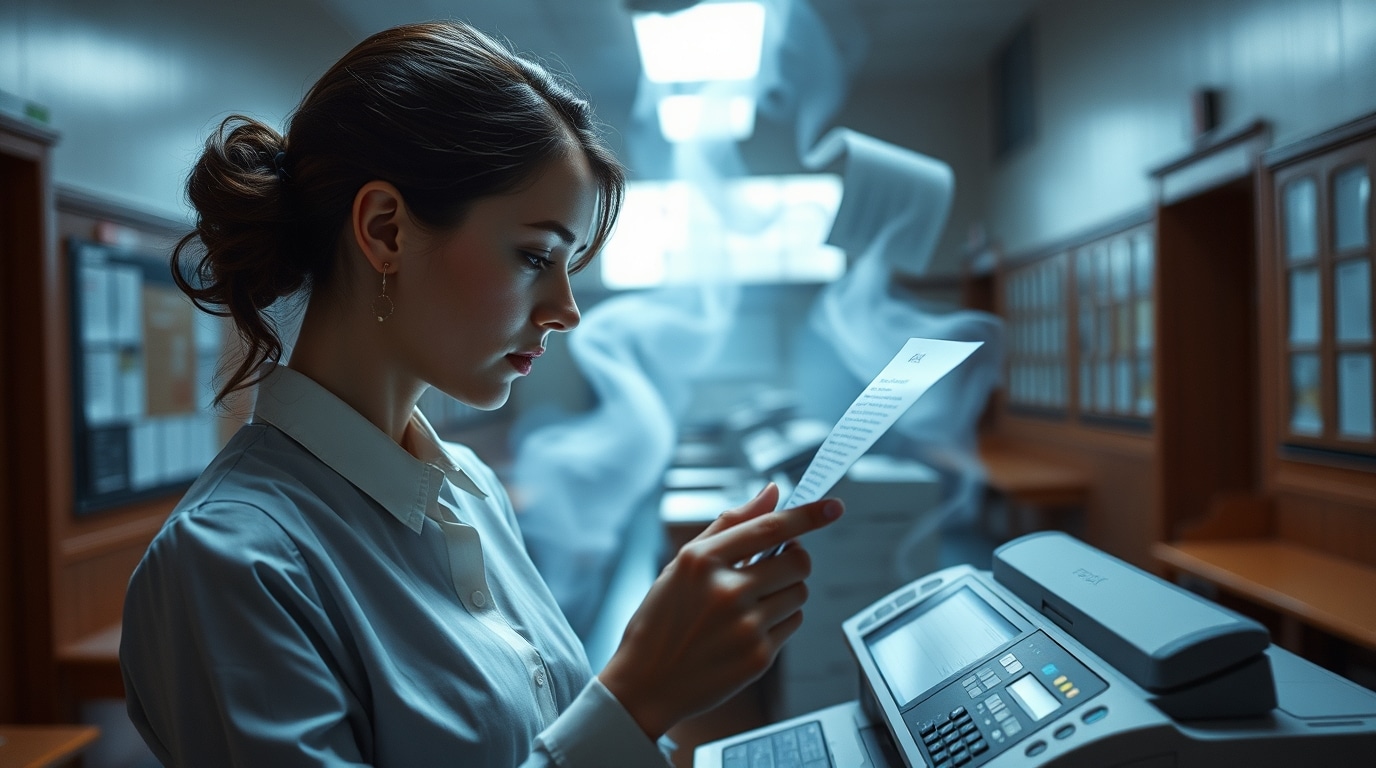 Educational institution administrator scanning student records into a secure digital document management system.