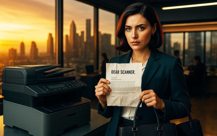 woman next to a scanner holding a break up note