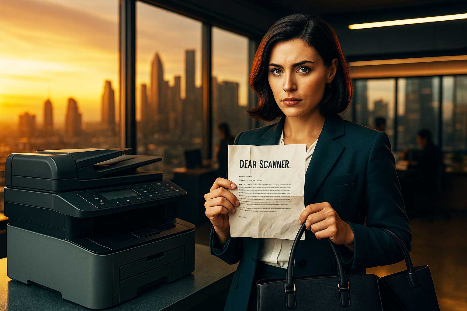 woman next to a scanner holding a break up note