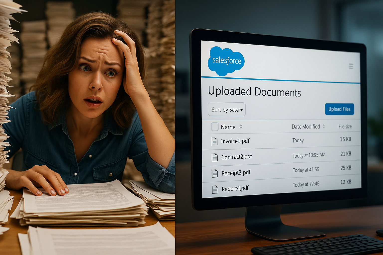 woman stressed over salesforce document uploads